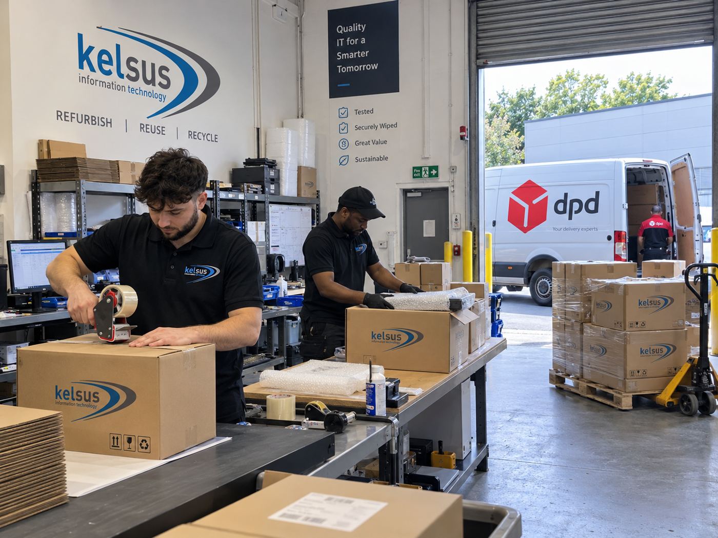 Kelsus IT staff packing orders in branded boxes with a DPD van collecting