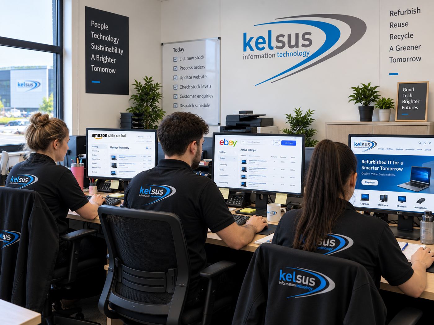 Kelsus IT team listing stock and handling customer enquiries in the office